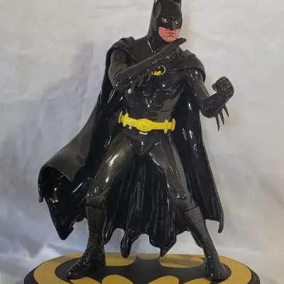 1990s Hand Painted Batman SuperHero Statue with Homemade Wooden Base DC Comics