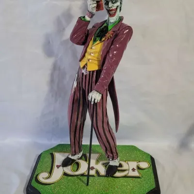 1990s Hand Painted Joker SuperVillain Statue with Homemade Wooden Base DC Comics