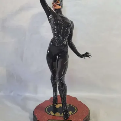 Hand Painted CatWoman Superhero Statue 1990s with Handmade Wooden Base Unique DC Comics