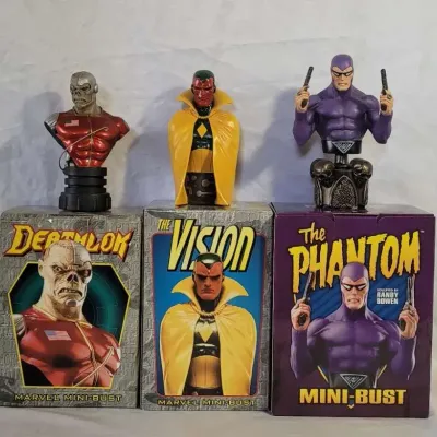 3 Mini Bust Statues Limited Edition with Boxes - Marvel Deathlok, The Vision, The Phantom
