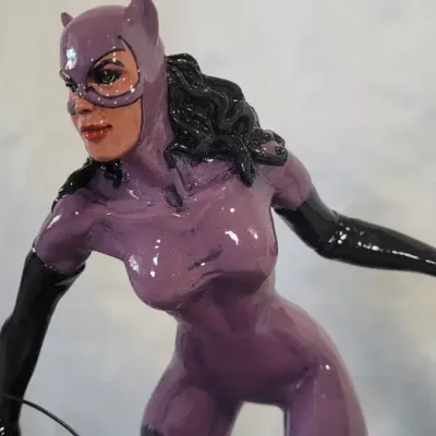 1990s Hand Painted Catwoman Superhero Villain Statue with Wooden Base