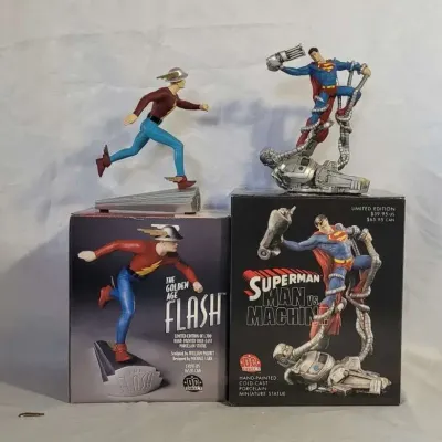 2 DC Direct Limited Edition Hand Painted Statues - The Golden Age of Flash & Superman Man vs Machine