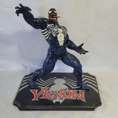 1990s Hand Painted Venom Superhero Villain Statue with Homemade Wooden Base Marvel Comics