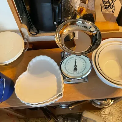 Various Kitchenwares Including A Blue Coffee Percolator