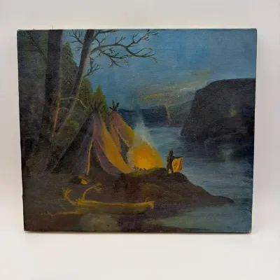 Vintage Original Oil Painting on Canvas – Native American Tipi Campfire Landscape – Unsigned 