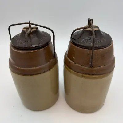 Two 1892 Antique Weir Two-Tone Stoneware Canning Fruit Jar – Brown & Cream Glaze – Wire Bail Lid 