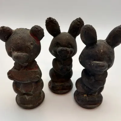 Vintage Cast Metal Rabbits/Bear  Figurines – Nonmagnetic Bronze or Brass-Tone Patina – Set of 3 