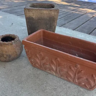 Garden Planter Trio – Floral Window Box, Square & Rustic Round Pots