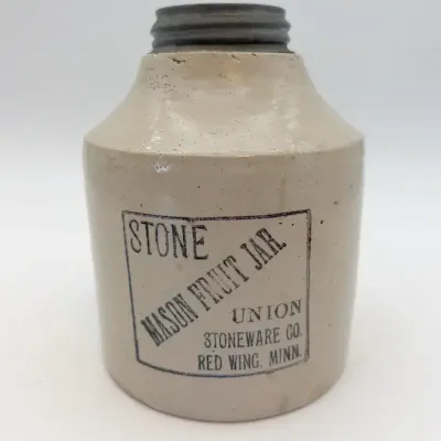 Antique Red Wing Union Stoneware Stone Mason Fruit Jar – Black Advertising – Metal Lid 