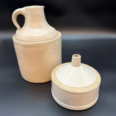 Antique Cream-Glazed Stoneware Funnel & Handled Pouring Vessel – 2 Pieces