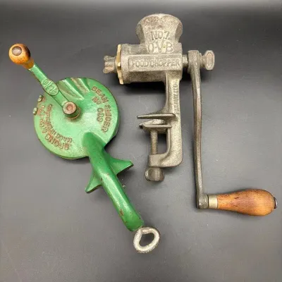 Vintage Spong England Bean Slicer & O-V-B Cast Iron Food Chopper – Hand-Crank Kitchen Tools