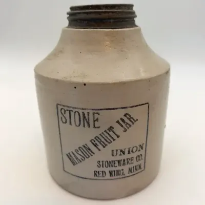 1899 Antique Red Wing Union Stoneware Stone Mason Fruit Jar – Black Advertising – Metal Lid 