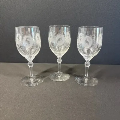 Ornate Etched Glass Wine Goblets – Deer, Hound & Classical Archer Motifs – Set of 3