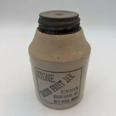 1899 Antique Red Wing Union Stoneware Stone Mason Fruit Jar – Black Advertising – Metal Lid 