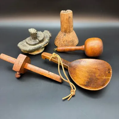Vintage J.A.S. Marked Wooden Marking Gauge, Carved Scoop, Mallet & Primitive Collectibles – 5 Pieces