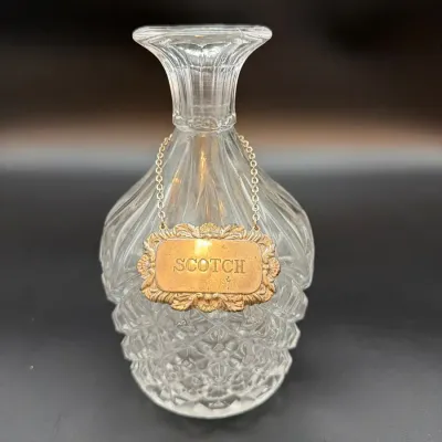 Vintage Pressed Glass Scotch Whisky Decanter with Ornate Gold-Tone Label – No Stopper