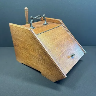 Antique Victorian-Style Wooden Coal Scuttle Fireplace Box with Copper Shovel