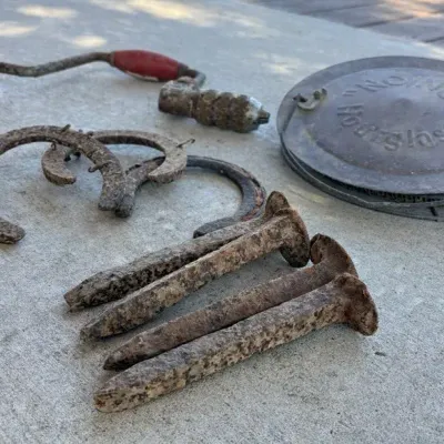 Rustic Vintage Railroad Spikes, Horseshoes, Onion Hourglass Feeder