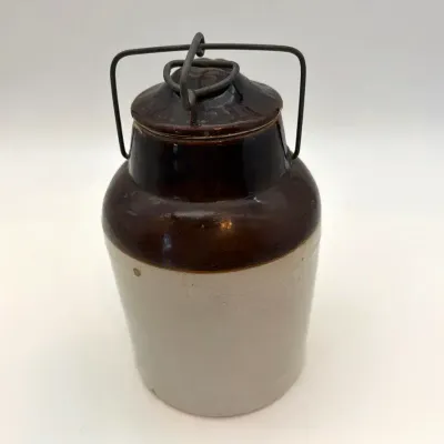 Antique Two-Tone Stoneware Canning Fruit Jar – Brown & Cream Glaze – Wire Bail Lid 