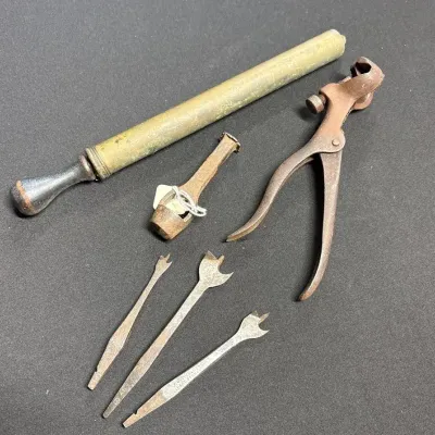 Antique Or Vintage Hand Air Pump, Hole Punch, Iron Wood Bits, Saw Set Tool