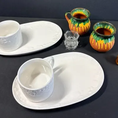 Gibson White Snack Sets, Colorful Pottery Pitchers & Miniature Glassware