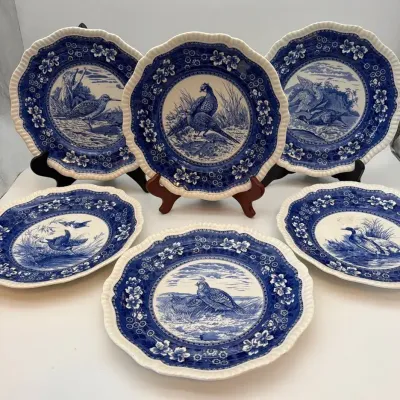 Vintage Copeland Spode England Blue & White Game Bird Plates – Set of 6 (Set 2 Of 2)
