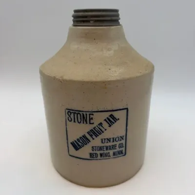 1899 Antique Red Wing Union Stoneware Stone Mason Fruit Jar – Blue Advertising – Metal Lid 