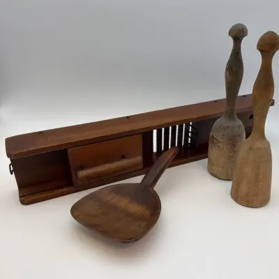Antique Primitive Wooden Kitchen Tools – 1898 Vegetable Slicer, Mashers & Scoop – 4 Pieces 