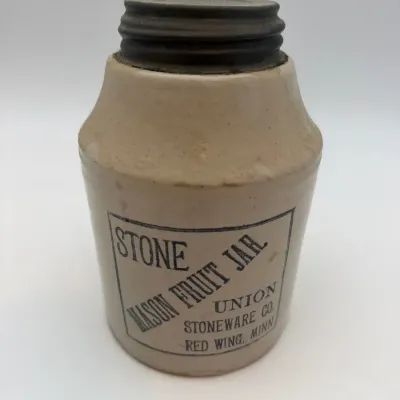 1899 Antique Red Wing Union Stoneware Stone Mason Fruit Jar – Black Advertising – Metal Lid 