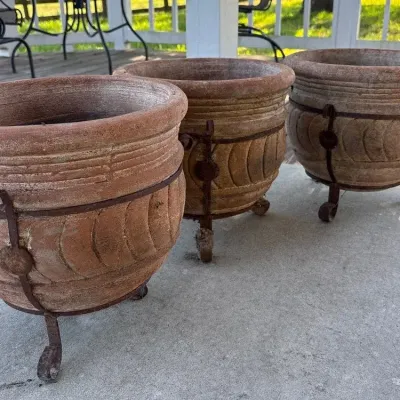 Trio of Rustic Round Terracotta Garden Planters with Decorative Metal Stands