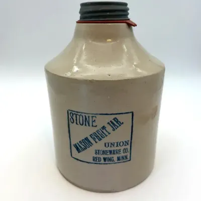 Antique Red Wing Union Stoneware Stone Mason Fruit Jar – Black Advertising – Metal Lid 