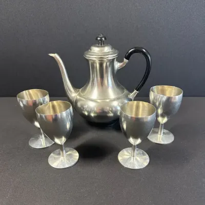 Vintage Metawa Holland 94% Real Pewter Coffee Pot & Six Goblets - 7 Pieces