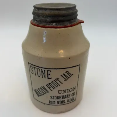 1899 Antique Red Wing Union Stoneware Stone Mason Fruit Jar – Black Advertising – Metal Lid 