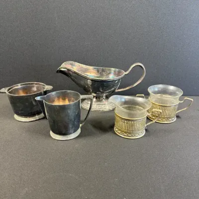 Vintage Silver Plate Gravy Boat, Creamer, Sugar Bowl & Glass-Lined Holders - 5 Pieces