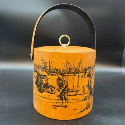 Vintage Golfing Scene Ice Bucket – Tan & Black Barware with Lid & Swing Handle