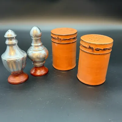 Vintage Reed & Barton Metal & Wood Salt and Pepper Shakers with Orange Ceramic Shaker Set – 4 Pieces