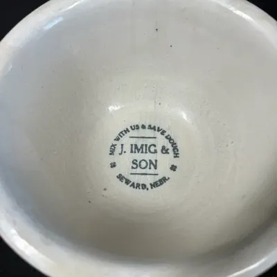 Antique J. Imig & Son Seward Nebraska Advertising Stoneware Mixing Bowl – Blue Floral Band