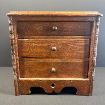 Vintage Miniature Wooden 3-Drawer Chest with Reeded Columns & Scalloped Apron