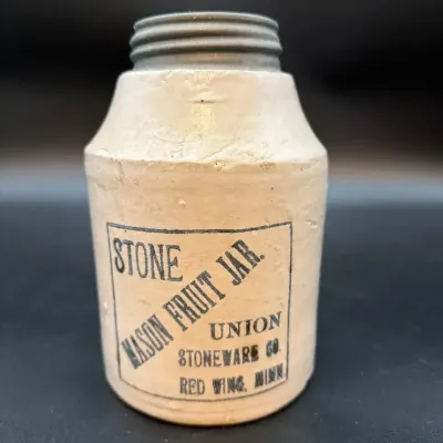 Antique Red Wing Union Stoneware Stone Mason Fruit Jar – Black Advertising – 1899 Patent