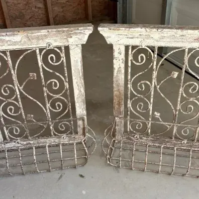 Pair of Distressed Wood & Metal Scrollwork Wall Planters