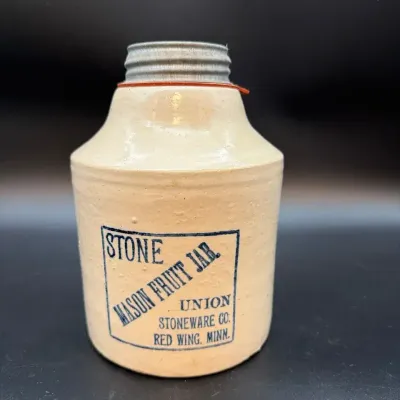 Antique Red Wing Union Stoneware Co. Stone Mason Fruit Jar – Blue Advertising – Zinc Lid