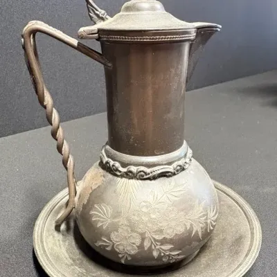 Antique Silver Plated Syrup Or Tea Pot & Underplate - Includes Historical Note