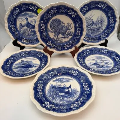 Vintage Copeland Spode England Blue & White Game Bird Plates – Set of 6 (Set 1 of 2)