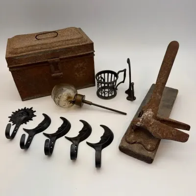 Vintage Hardware & Industrial Collectibles – Sun & Moon Hooks, Glass Oiler, Iron Tool & Metal Box