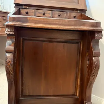 Antique Victorian-Style Davenport Writing Desk – Carved Wood, Leather Inset & Hidden Storage 