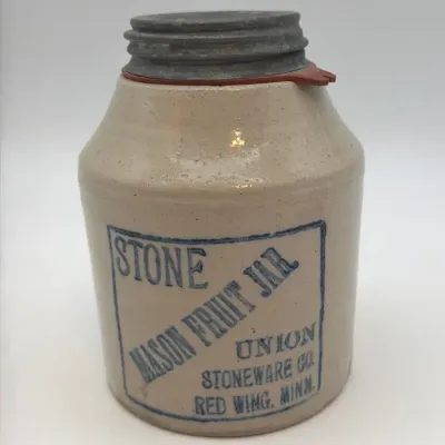 1899 Antique Red Wing Union Stoneware Stone Mason Fruit Jar – Blue Advertising – Metal Lid 