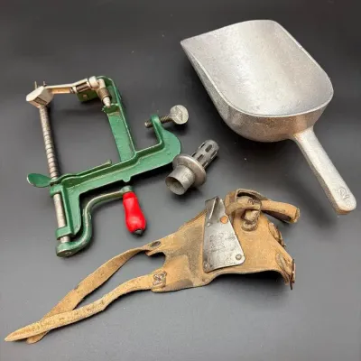 Vintage Cast Iron Apple Peeler, Metal Scoop & Antique Household Tools – 4 Pieces