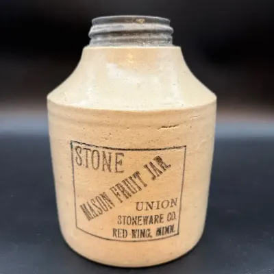 Antique Red Wing Union Stoneware Stone Mason Fruit Jar – 1899 Patent – Black Lettering  