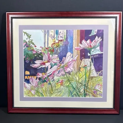 “Cosmos At The Coffee Shop” By Terry Holliday Giltner Signed Floral Watercolor/Pen & Ink 