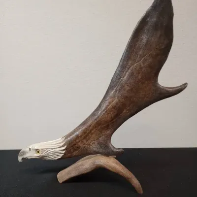 B. Merry Bald Eagle Alaskan Caribou Antler Carving 